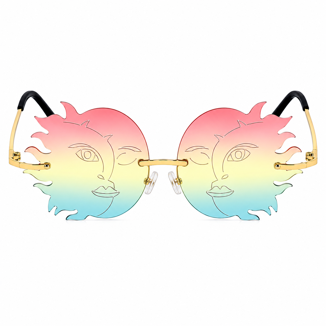 Rainbow sun moon shaped festival glasses front view