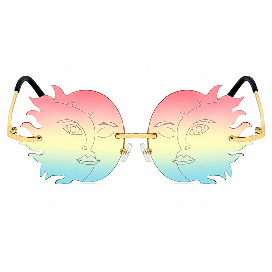 Rainbow sun moon shaped festival glasses front view