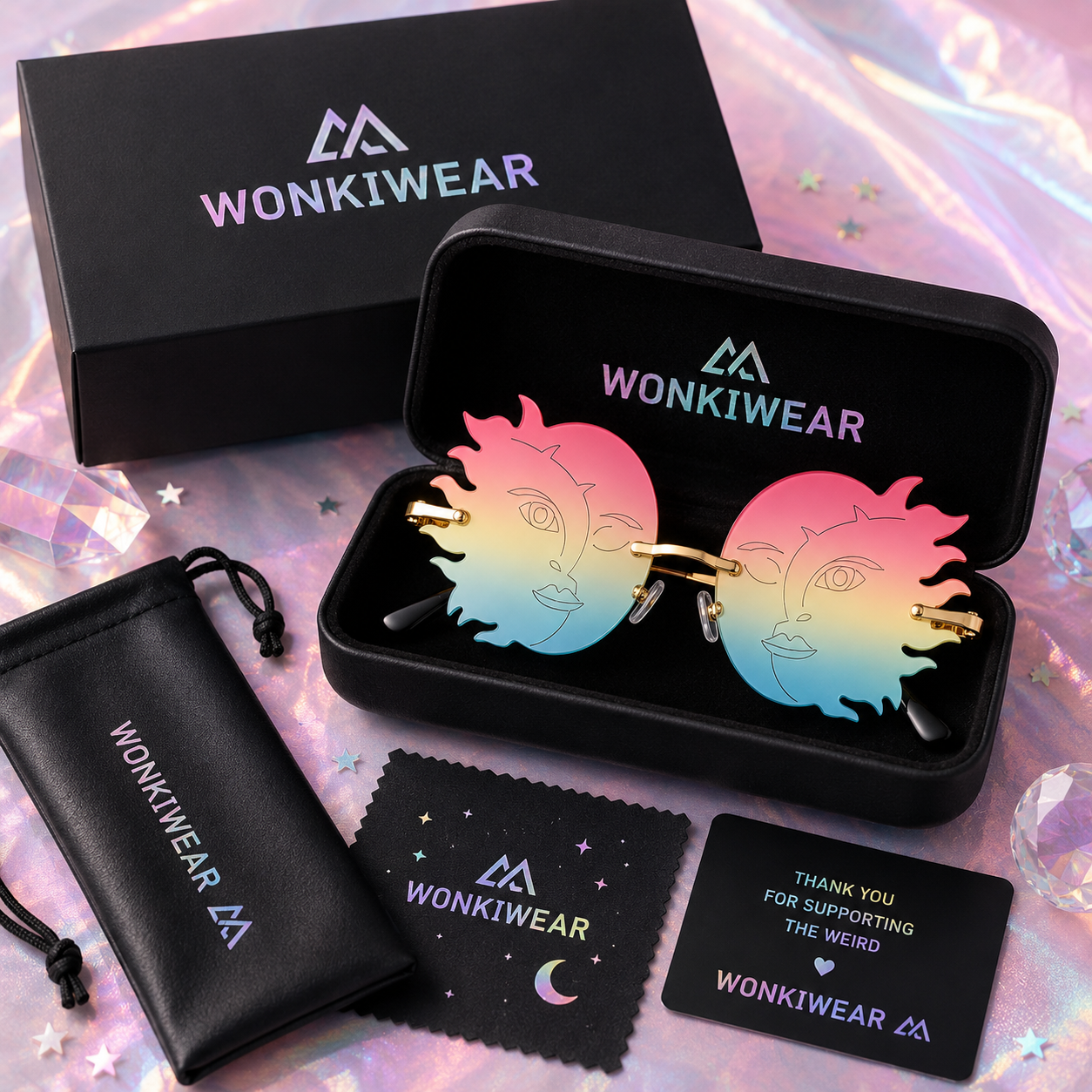 Rainbow sun moon festival glasses in premium WonkiWear gift box