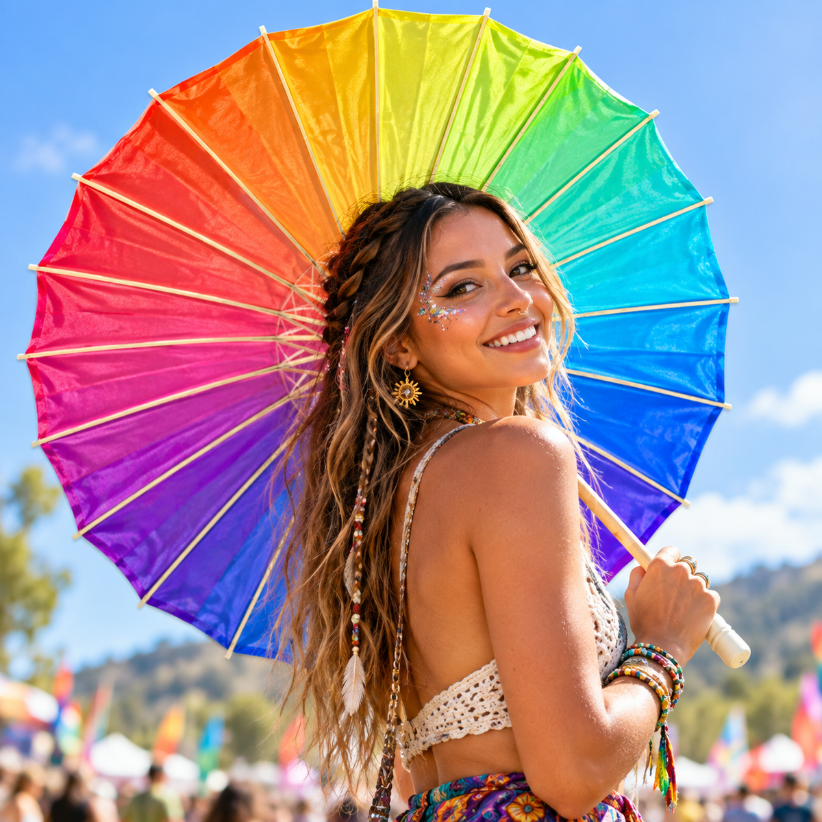 Rainbow sun parasol held by a woman at a colourful outdoor festival