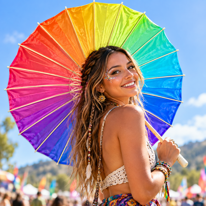 Rainbow sun parasol held by a woman at a colourful outdoor festival