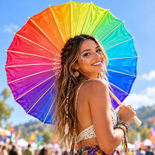 Rainbow sun parasol held by a woman at a colourful outdoor festival