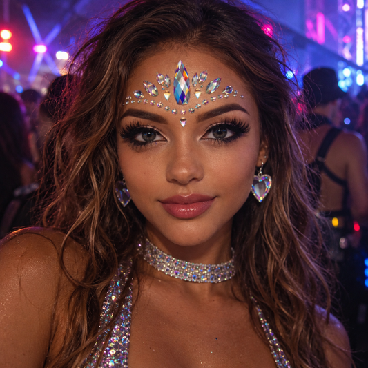 Woman wearing crystal face jewels and glitter festival makeup at an underground neon rave.