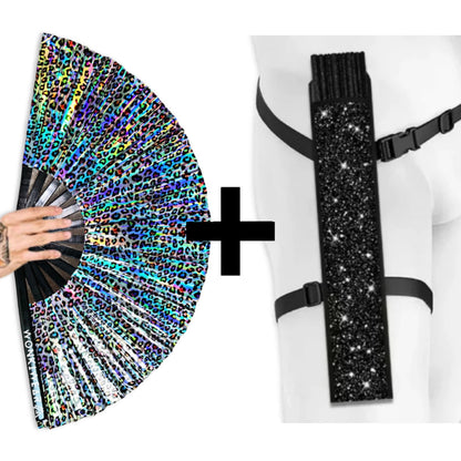 Iridescent leopard rave fan with holster bundle hands free festival accessory WonkiWear