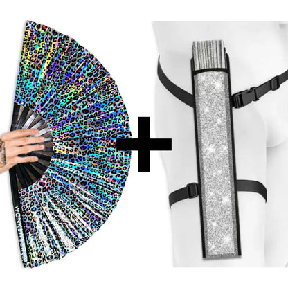 Iridescent leopard rave fan with holster bundle hands free festival accessory WonkiWear