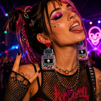 Festival rave model wearing Happy Candy Party shaker bottle statement earrings