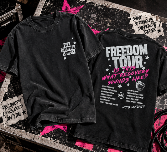 Black Recovery Tour graphic T-shirt with Freedom Tour back print and We Recover Loudly chest design