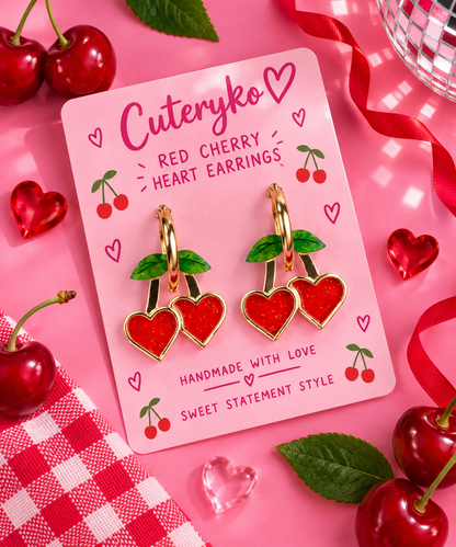 Red Cherry Heart hoop earrings with glittery red cherry charms and green leaves by Cuteryko