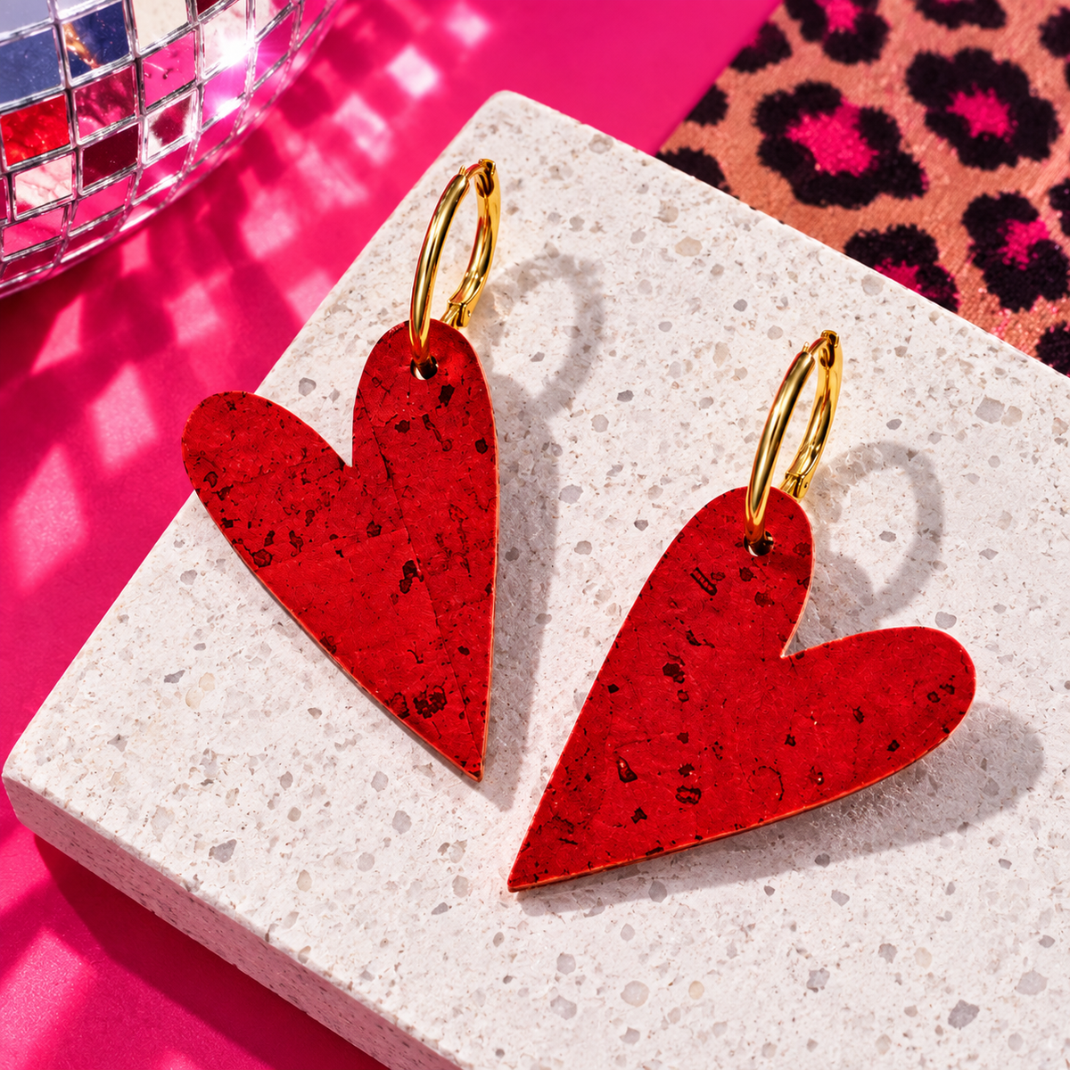 Red cork heart hoop earrings with gold stainless steel hoops by Trend Tonic