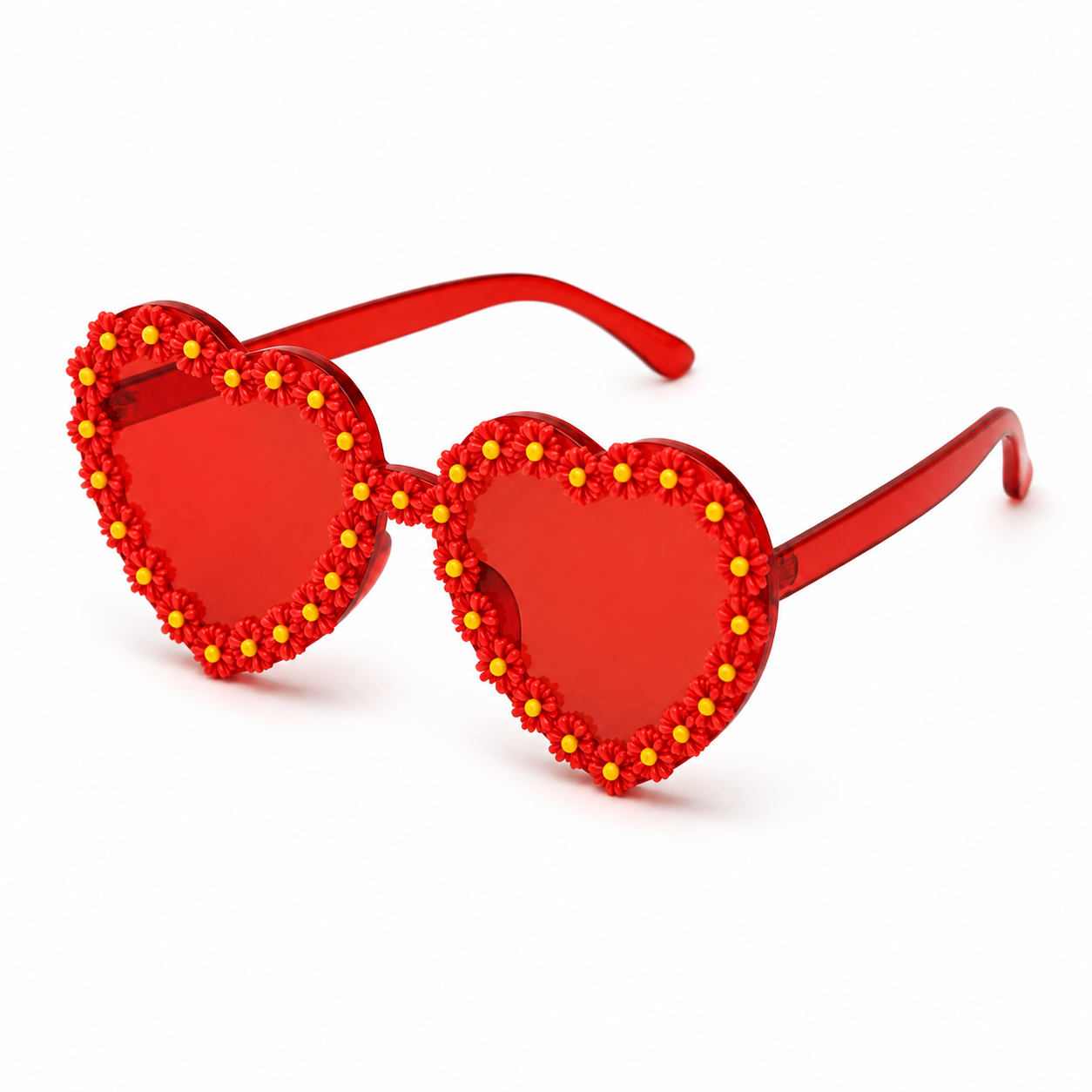 Angled view of red heart shaped daisy sunglasses