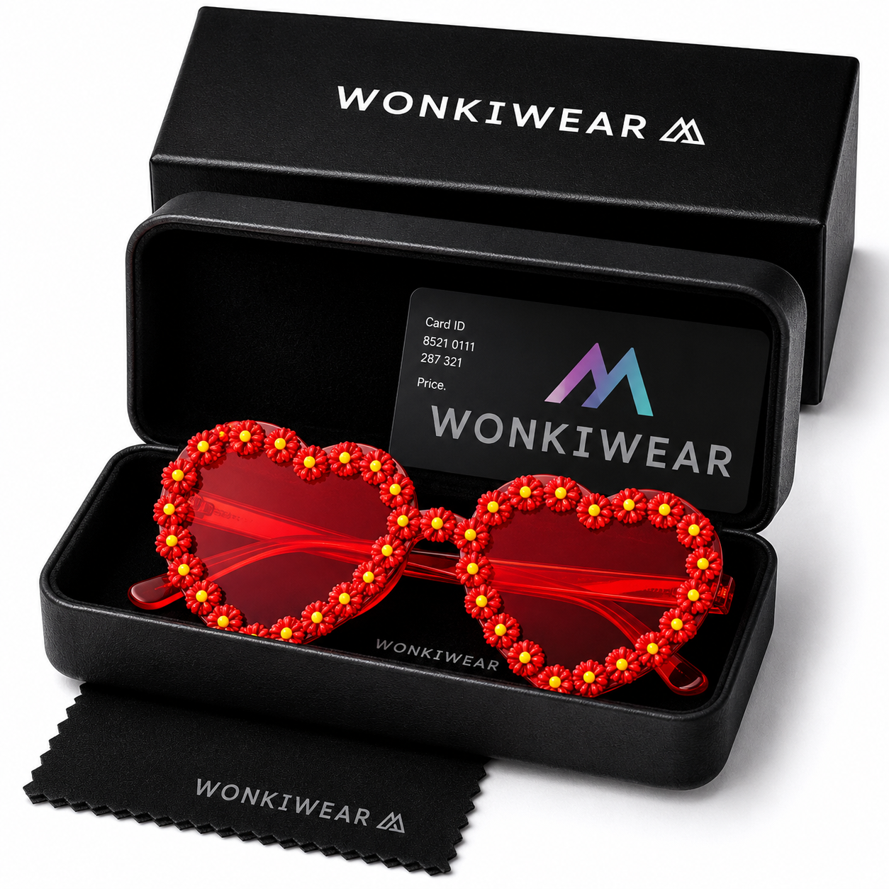 Red heart shaped daisy sunglasses displayed in WonkiWear gift box
