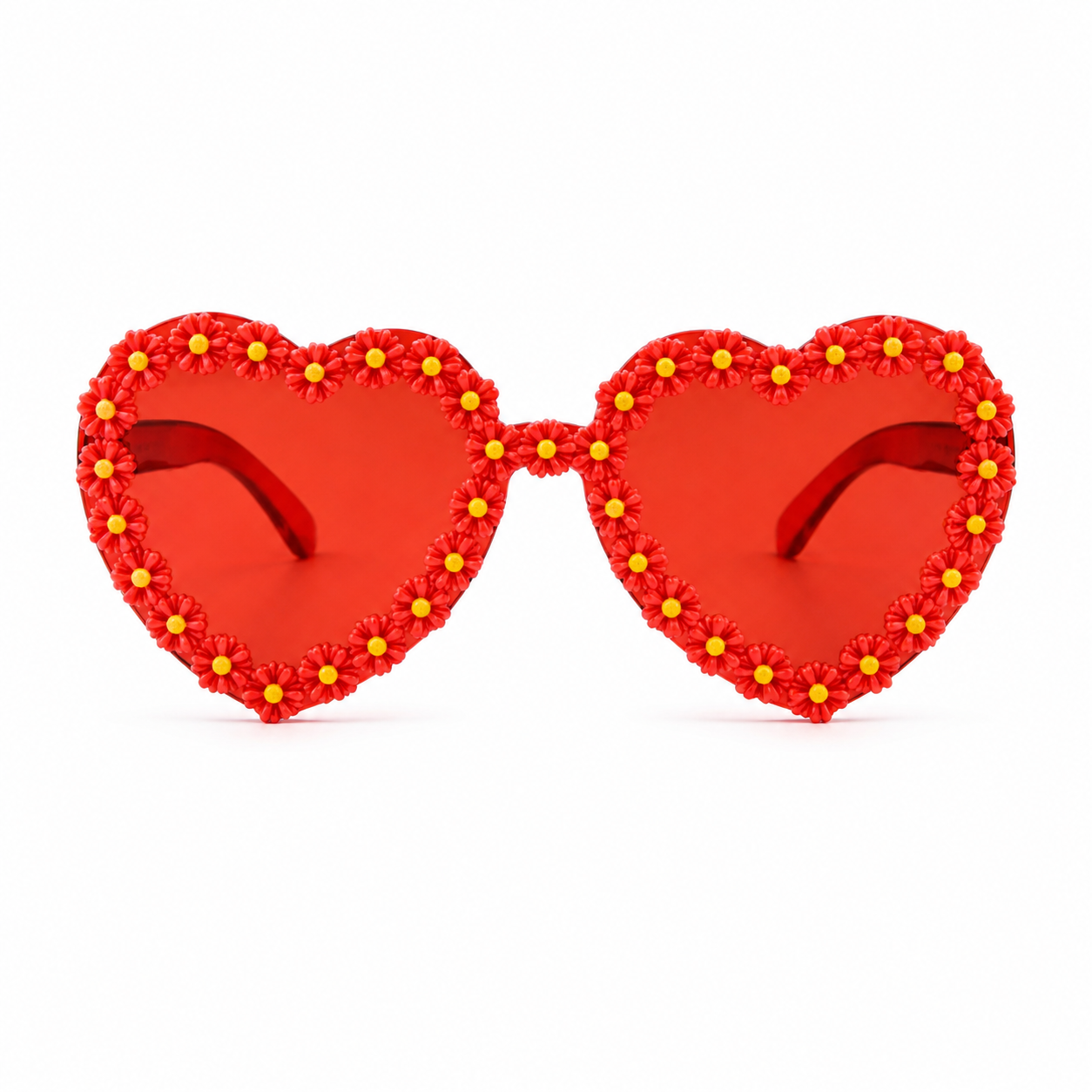 Red heart shaped daisy festival glasses on white background