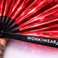 Close up of red iridescent fan material and WonkiWear branding