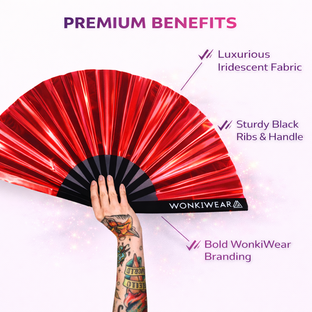 Red iridescent fan showing premium fabric and sturdy black ribs