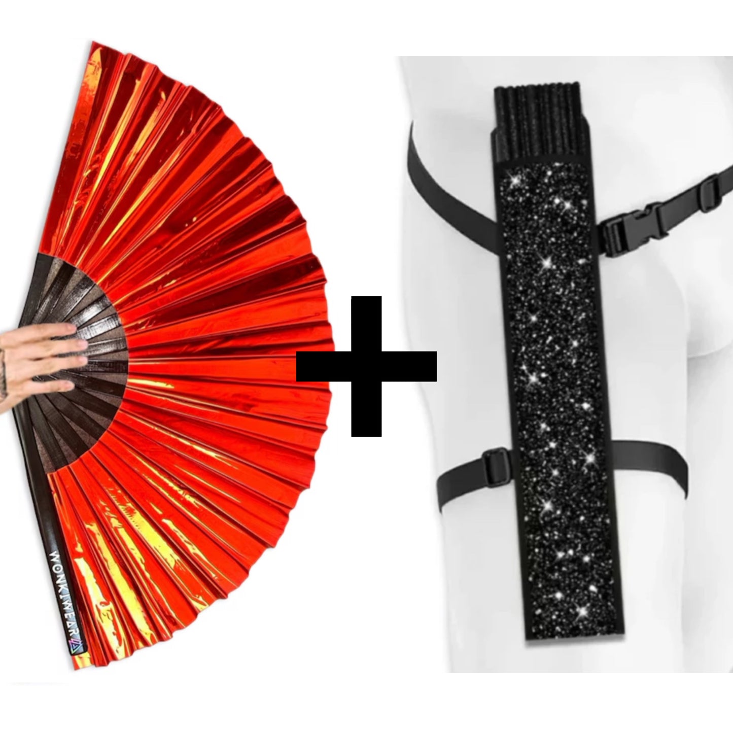 Red iridescent fan with black glitter festival fan holster accessory