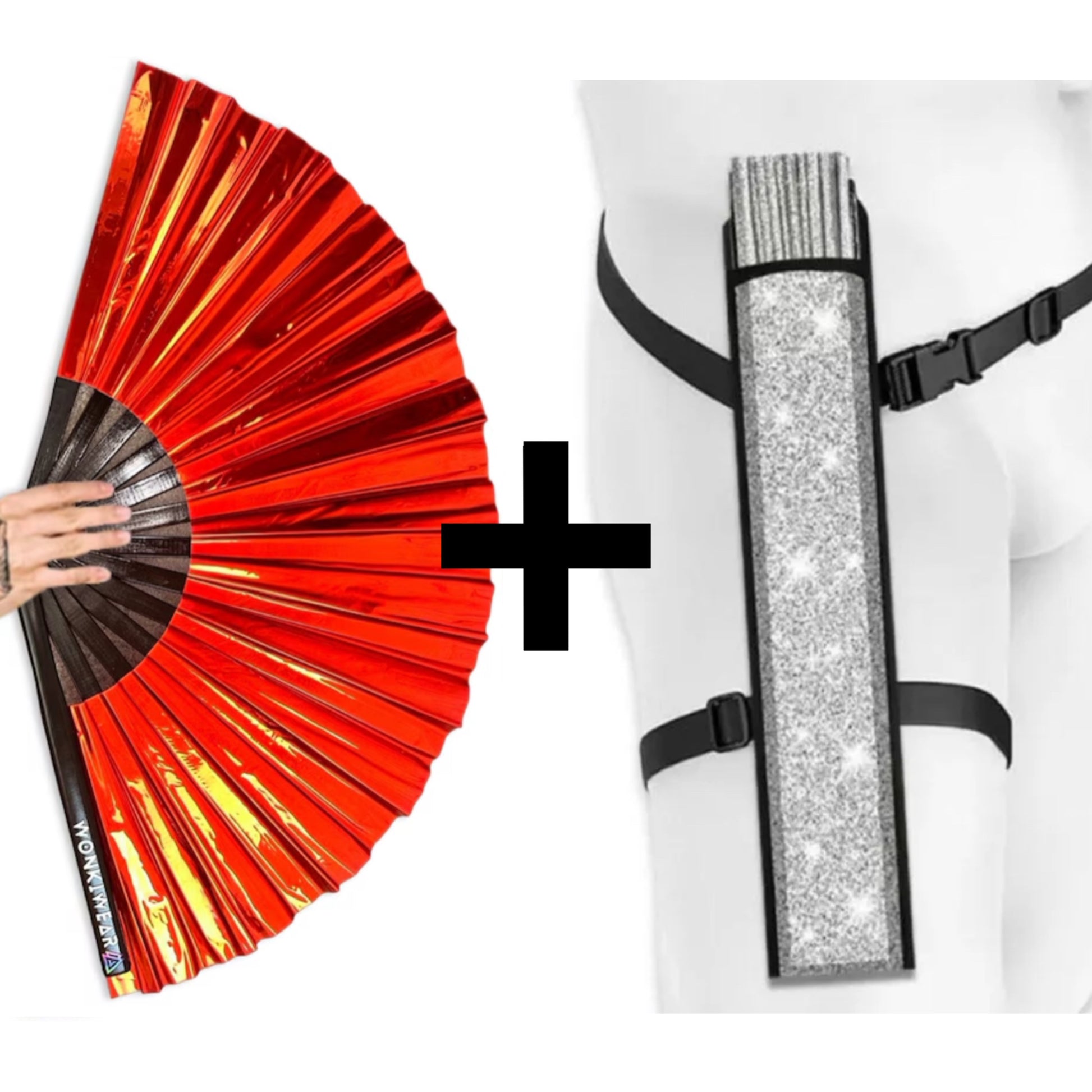 Red iridescent fan with silver glitter festival fan holster accessory