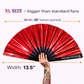 XL red iridescent festival fan measuring 26 inches wide when opened