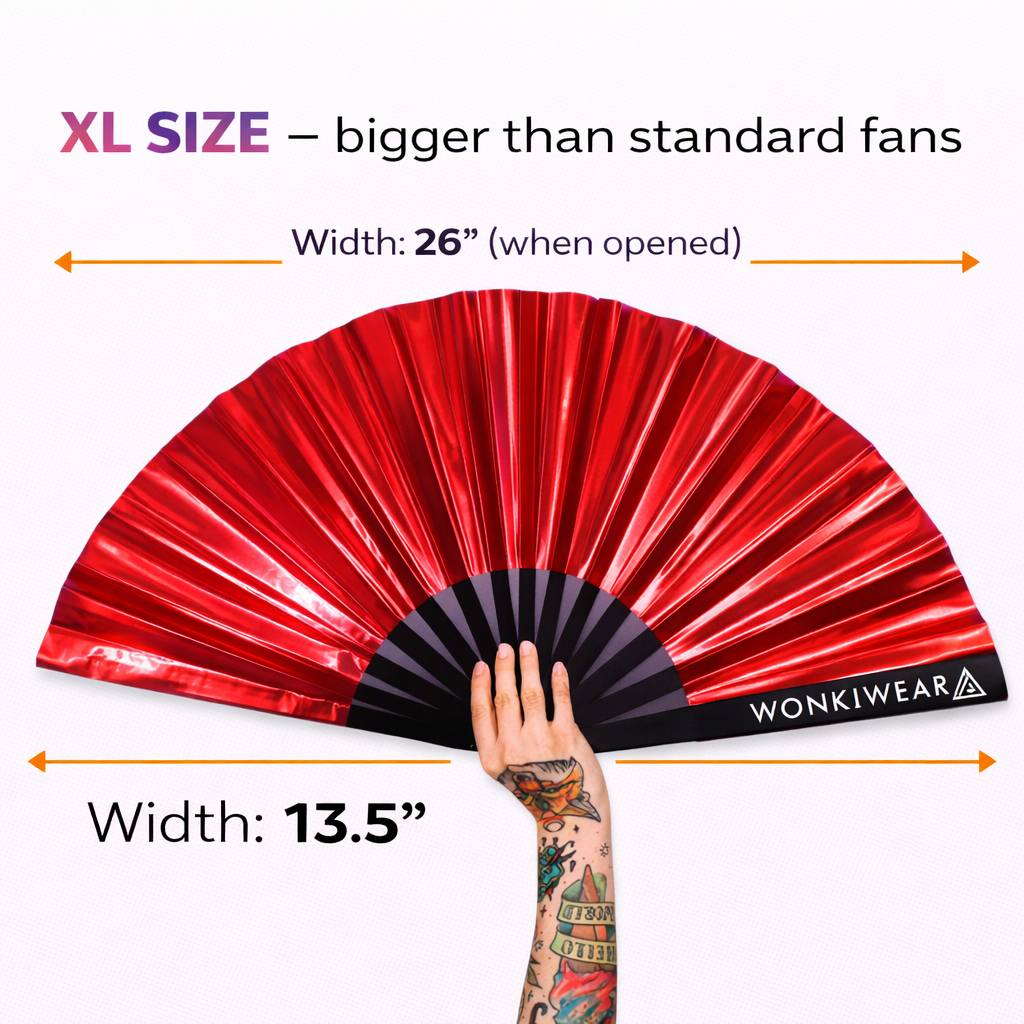 XL red iridescent festival fan measuring 26 inches wide when opened