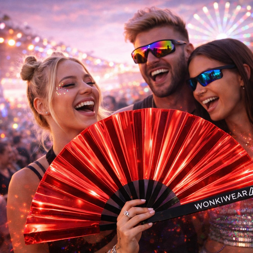 Group of friends holding red iridescent festival fan at outdoor rave