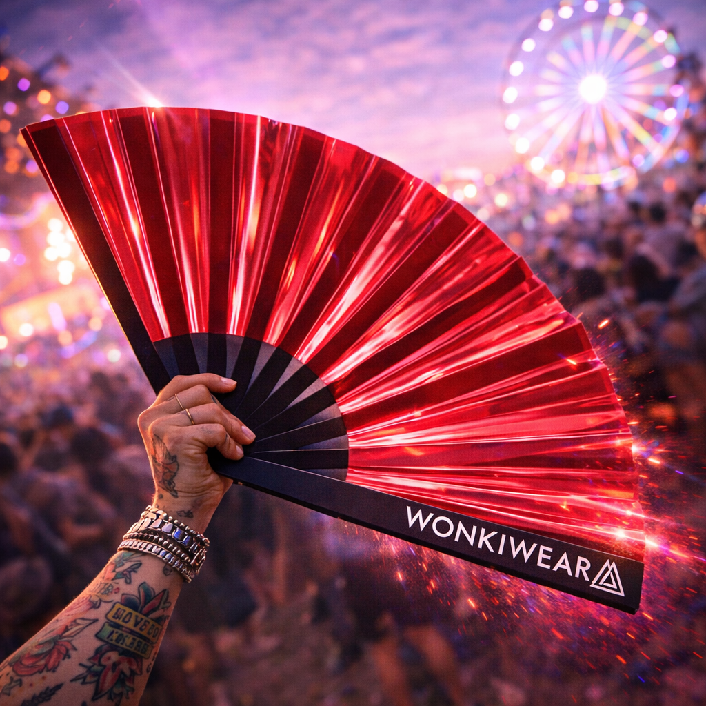 Red iridescent rave fan reflecting light at a music festival crowd