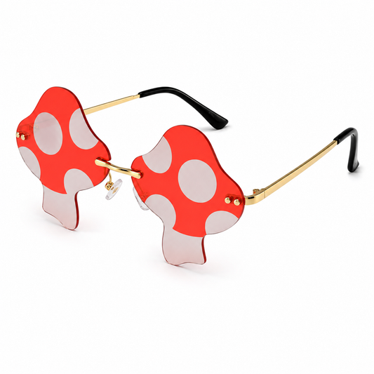 Red mushroom shaped festival glasses front view