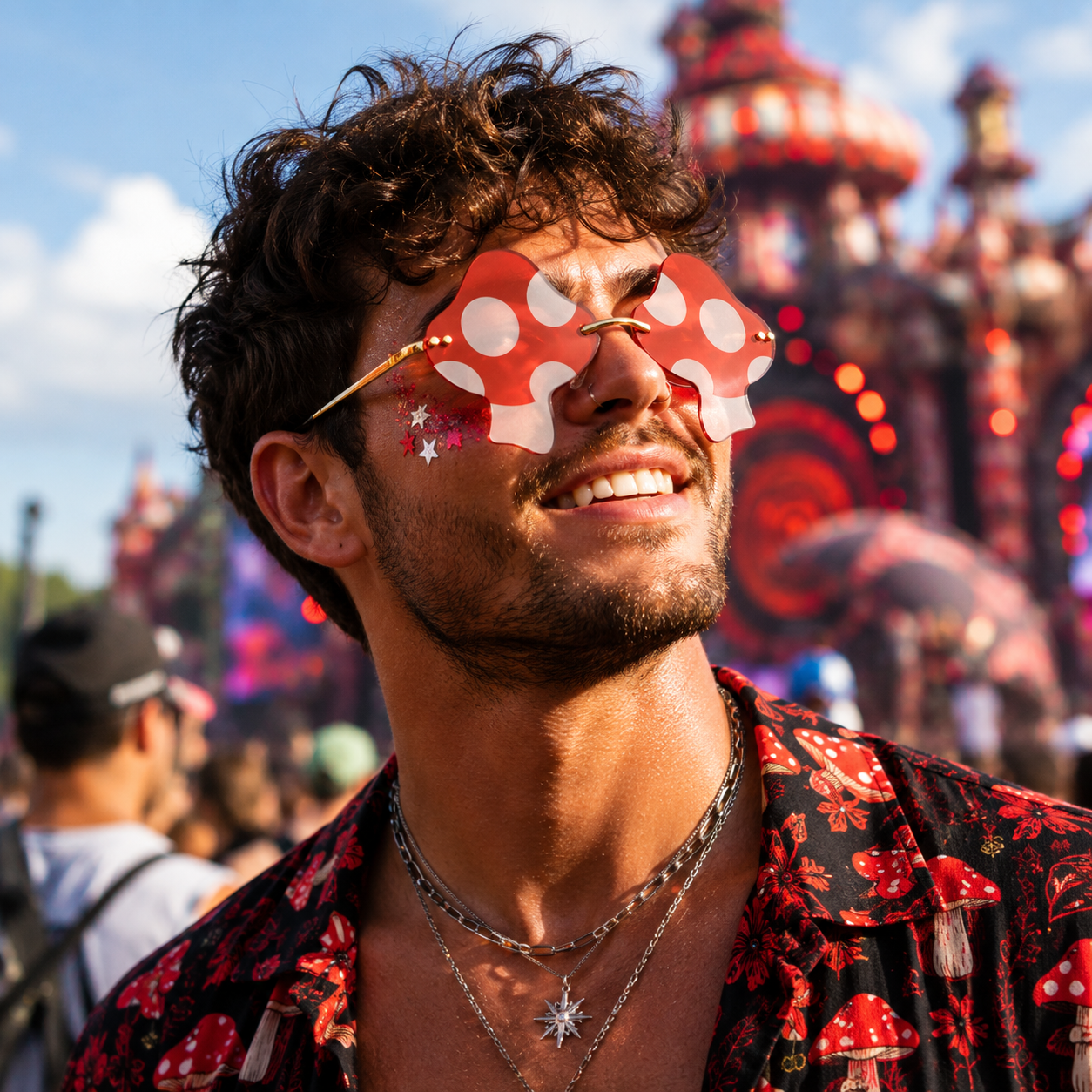 Male festival model wearing red mushroom shaped statement glasses