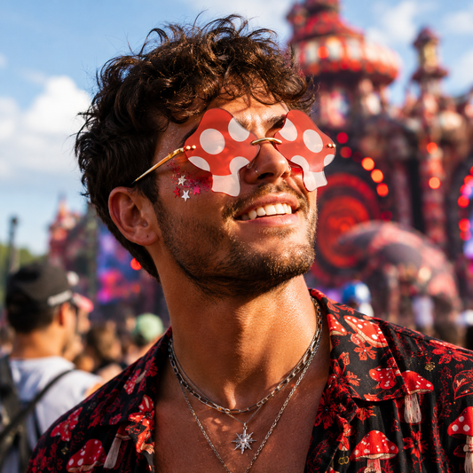 Male festival model wearing red mushroom shaped statement glasses