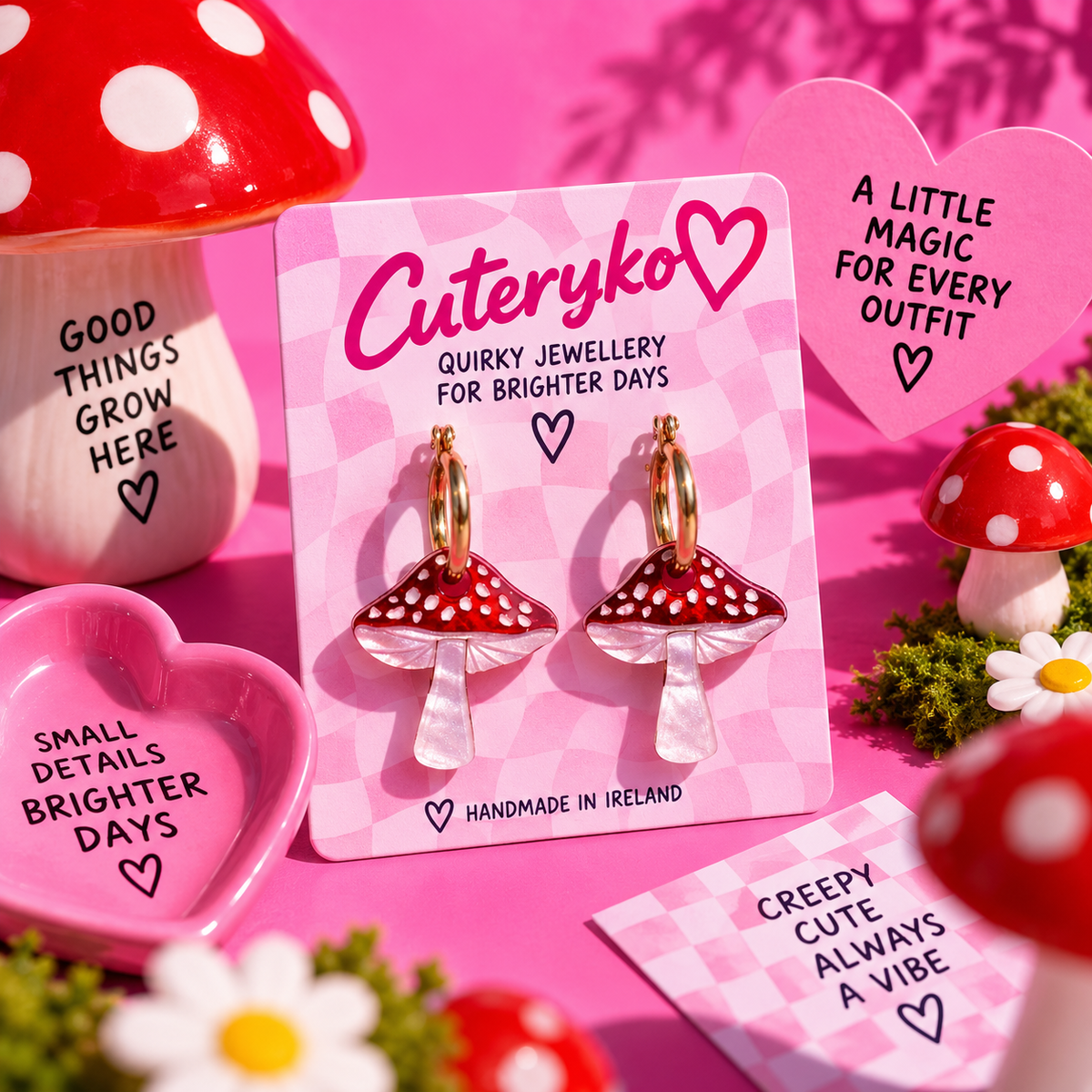 Red and white mushroom hoop earrings with hand-painted acrylic charms by Cuteryko