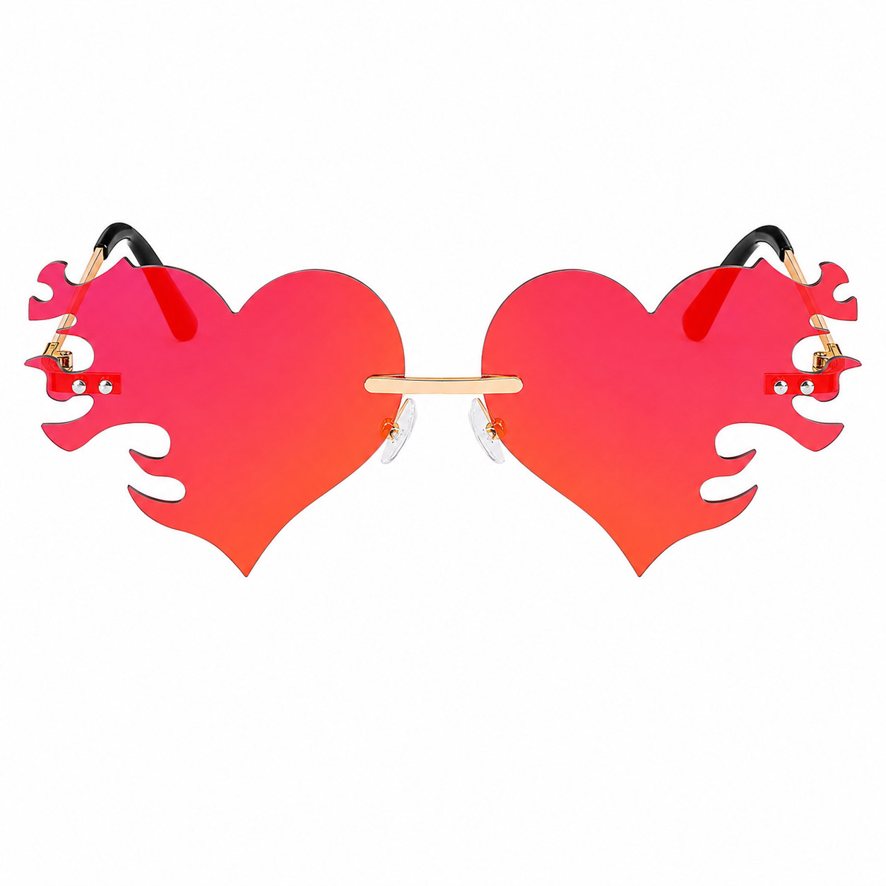 Red and orange heart flame festival sunglasses on white background