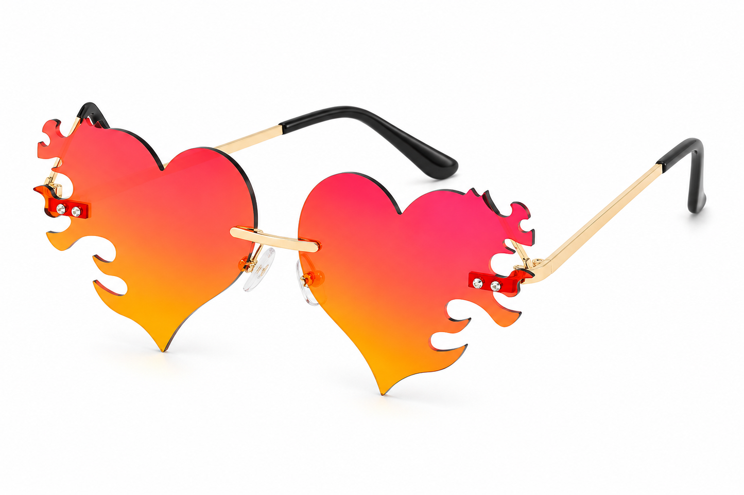 Angled view of red and orange heart flame rave sunglasses
