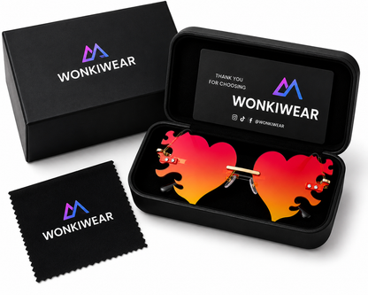 Red and orange heart flame sunglasses in WonkiWear premium gift box