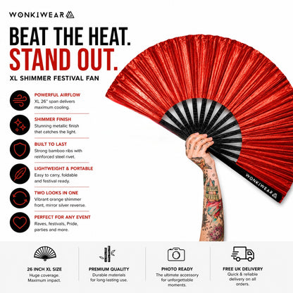 Benefits infographic showing features of WonkiWear red shimmer festival fan