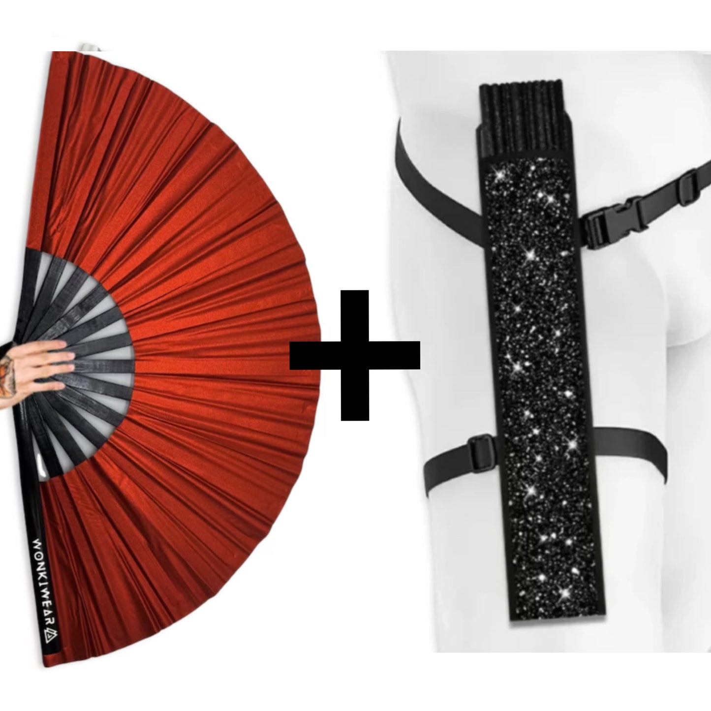 WonkiWear red shimmer festival fan with matching black fan holster