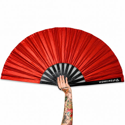 XL red shimmer festival fan with black bamboo ribs and WonkiWear logo