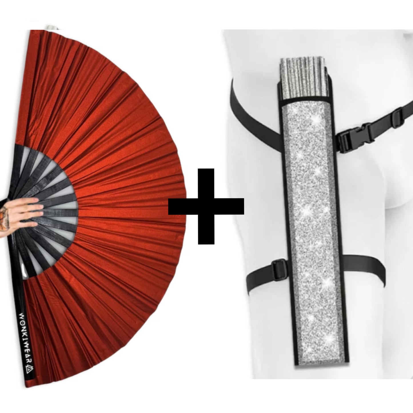 WonkiWear red shimmer festival fan with matching silver fan holster