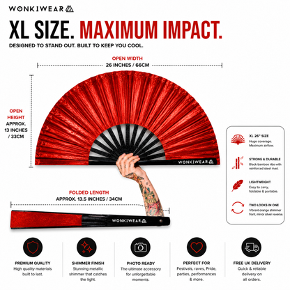 Size infographic showing 26 inch dimensions of XL red shimmer festival fan