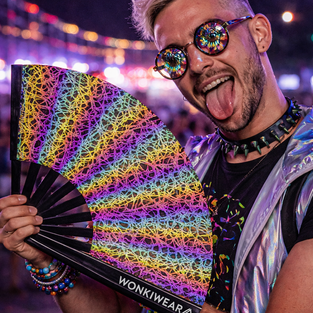WonkiWear reflective entrapment rave fan glowing under festival and concert lighting