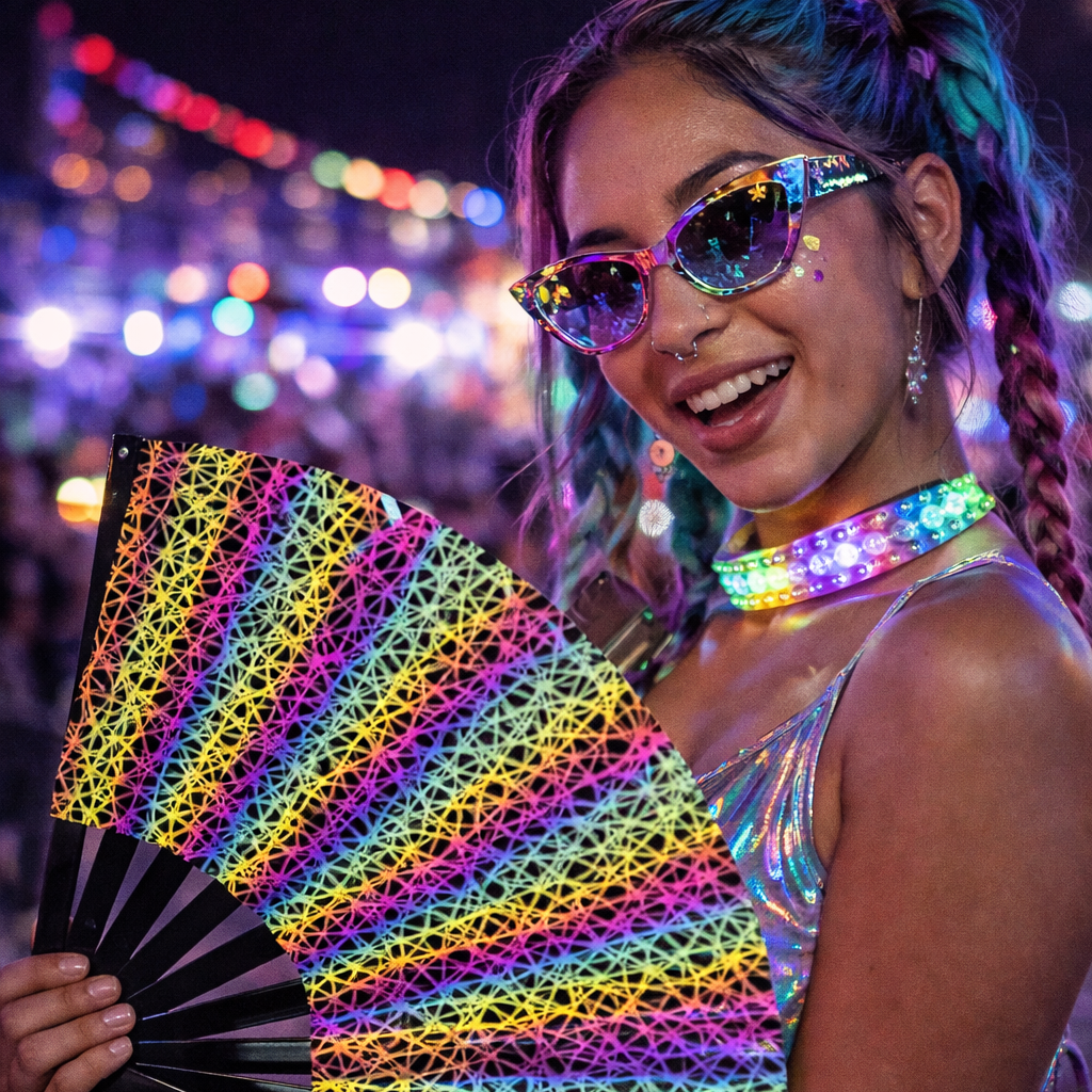 WonkiWear reflective entrapment rave fan glowing under festival and concert lighting With raver