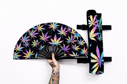 Wonkiwear iridescent leaf reflective festival fan with matching wearable holster