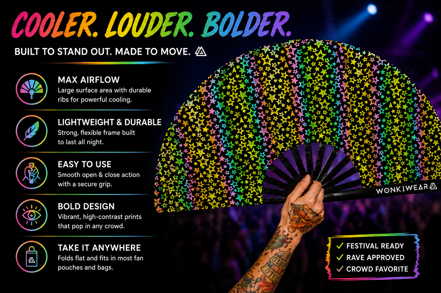 Benefits graphic for WonkiWear reflective stars XL festival fan showing reflective material and bamboo ribs