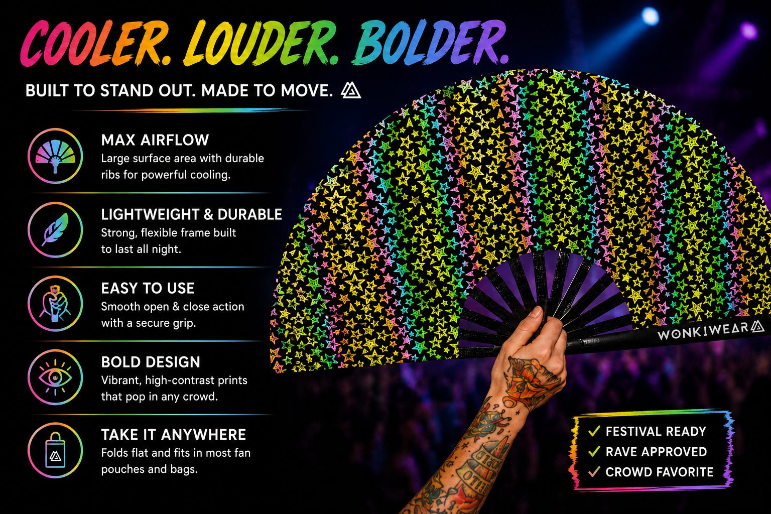 Benefits graphic for WonkiWear reflective stars XL festival fan showing reflective material and bamboo ribs