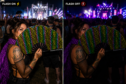 Comparison image showing reflective stars rave fan with flash on and flash off