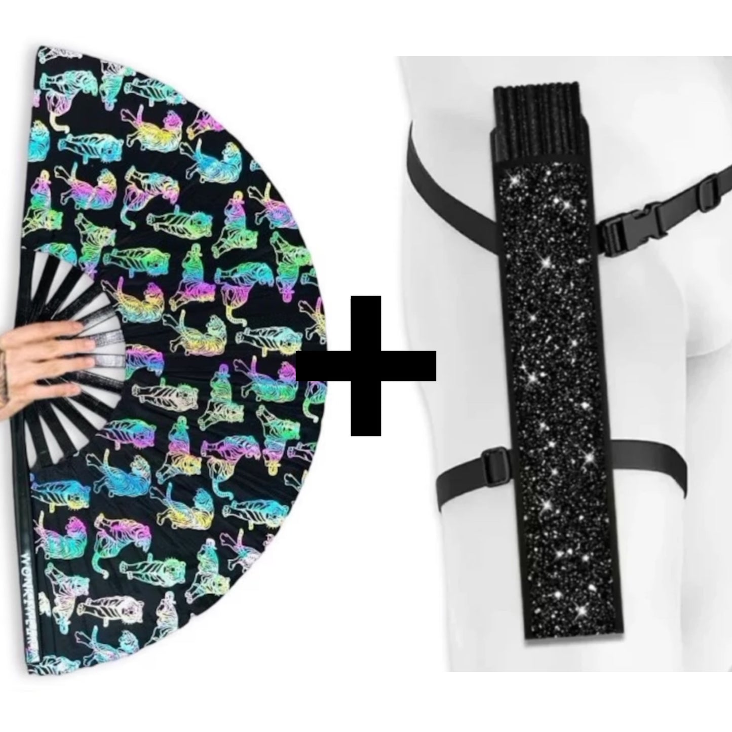 Reflective tiger rave fan bundle with black glitter festival fan holster