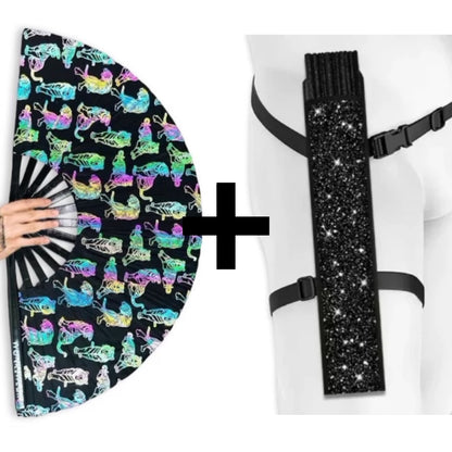 Reflective tiger rave fan bundle with black glitter festival fan holster