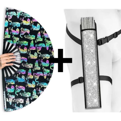 Reflective tiger rave fan bundle with silver glitter festival fan holster