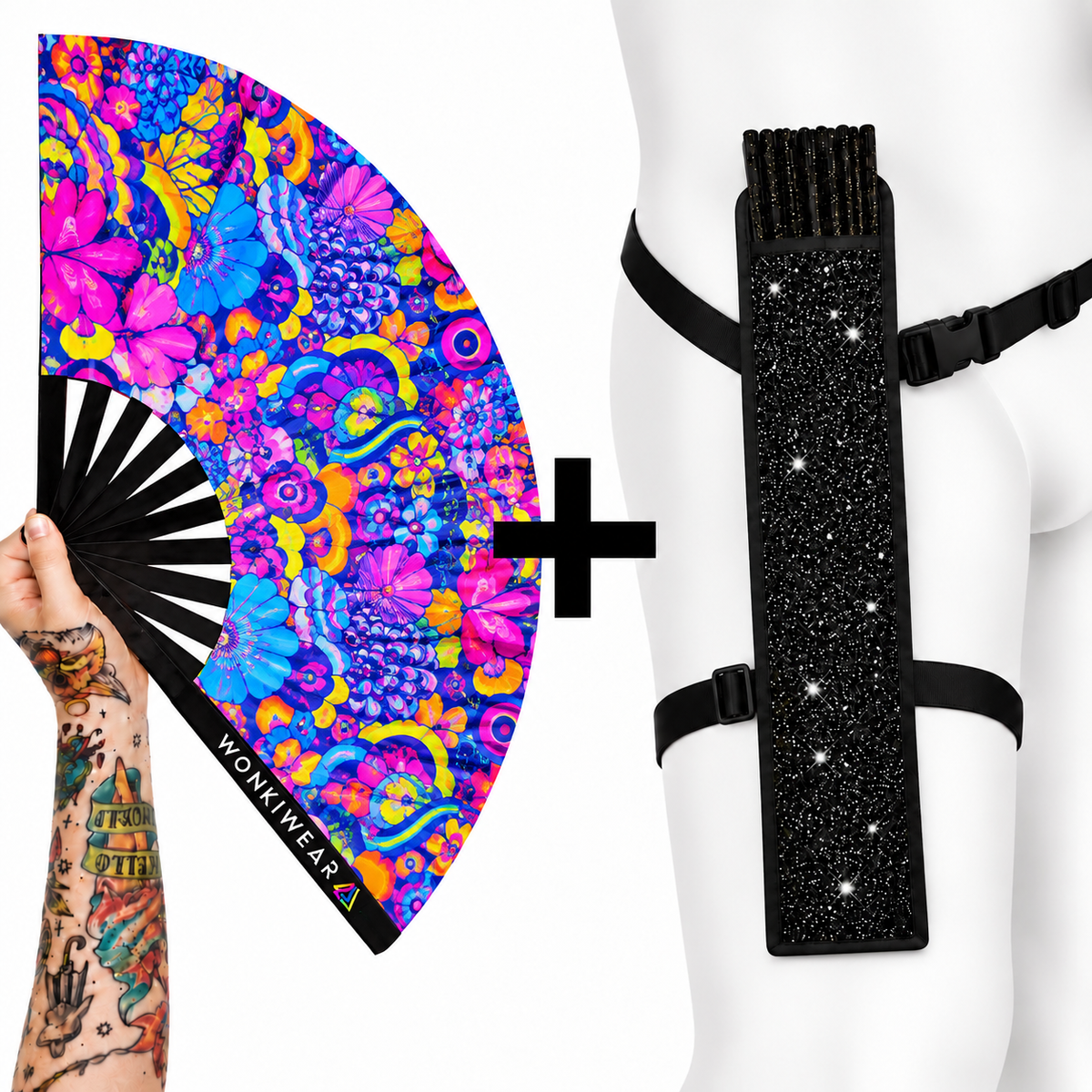 Retro Riot neon pink, blue and yellow geometric rave fan with optional black glitter thigh holster bundle by WonkiWear.