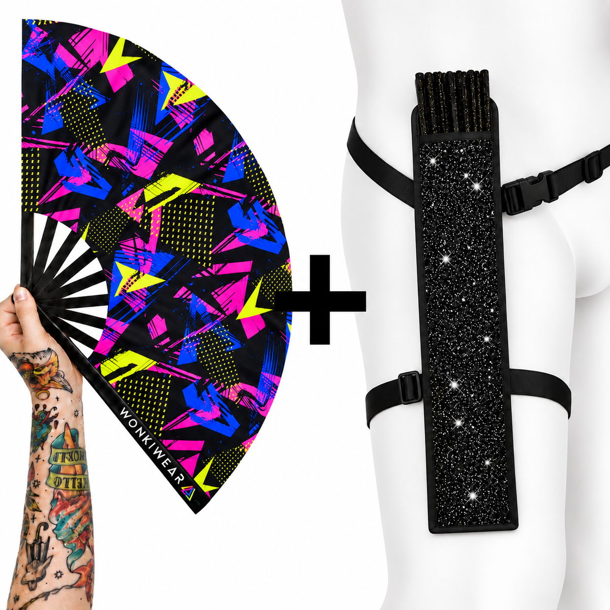WonkiWear Retro Riot XL folding festival fan with neon pink, electric blue and yellow-green geometric print paired with a black glitter leg holster featuring adjustable black straps, displayed on a white background.