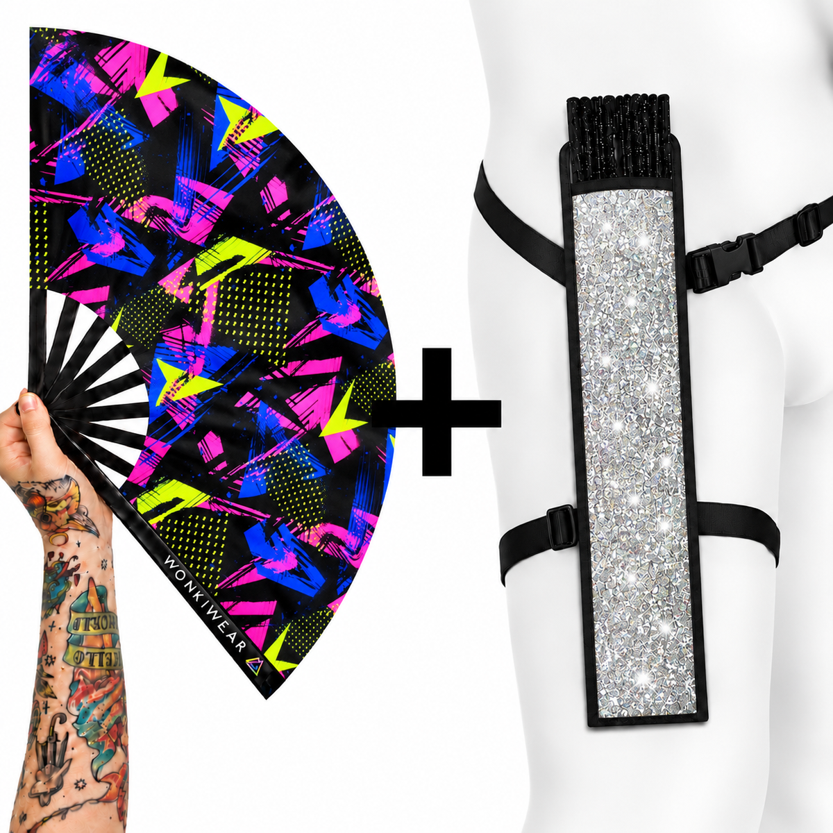 WonkiWear Retro Riot XL rave fan with neon pink, electric blue and lime geometric print, paired with a silver glitter leg holster with black trim and adjustable straps, displayed on a white background.