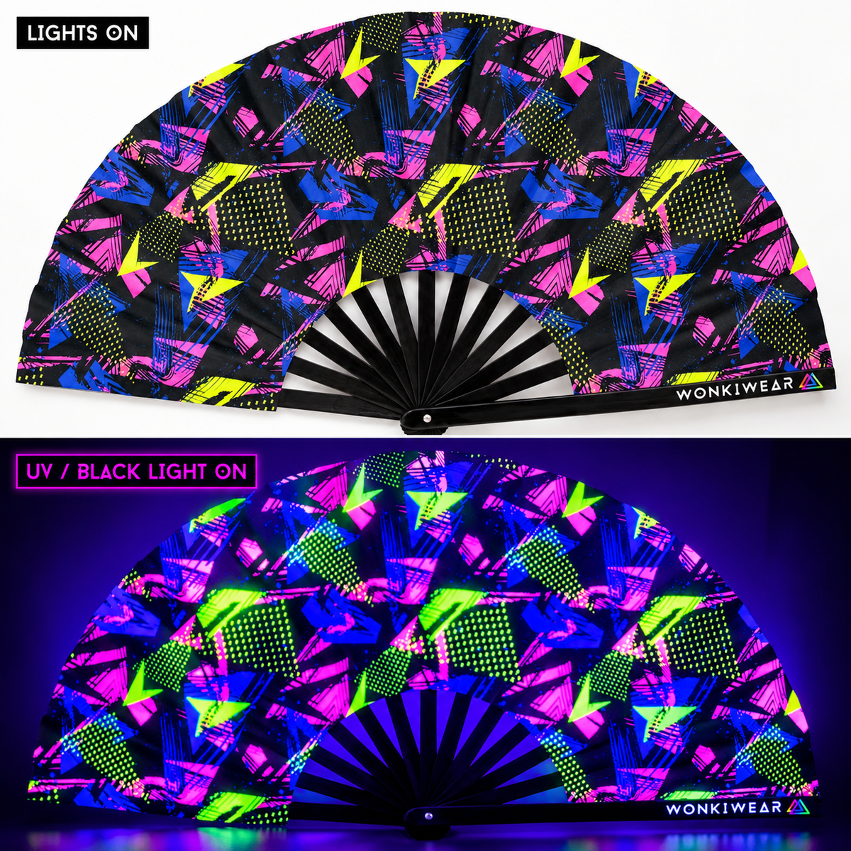 WonkiWear Retro Riot XL festival fan shown under normal lighting and UV blacklight, comparing its neon pink, electric blue and yellow-green geometric print against a black background.
