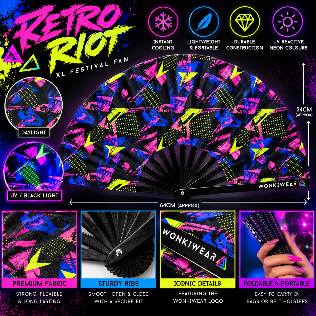 WonkiWear Retro Riot XL festival fan infographic featuring neon pink, electric blue and yellow-green geometric print, black ribs, fabric and logo close-ups, and normal-light versus UV blacklight views.